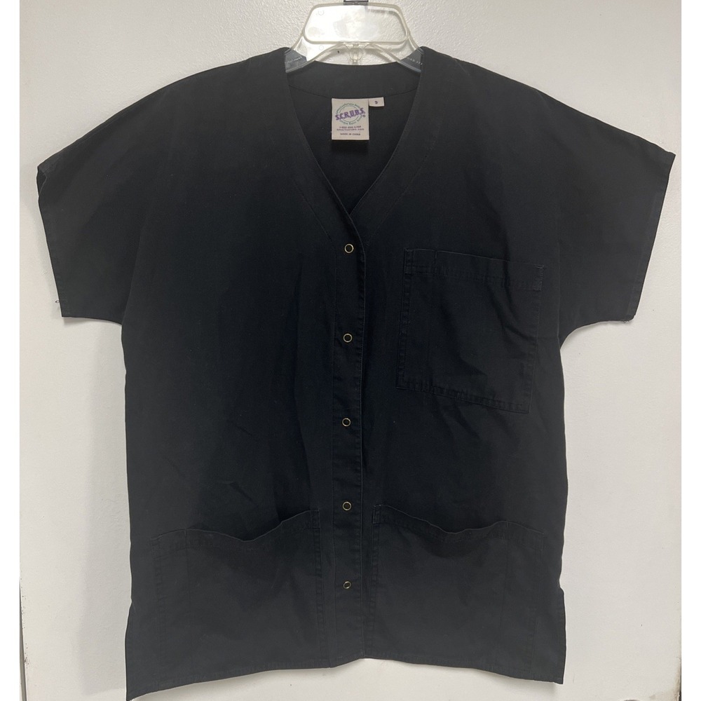 SMART SCRUBS Brand Black TOP V Neck SNAP FRONT  Short Sleeve  Unisex Size Small